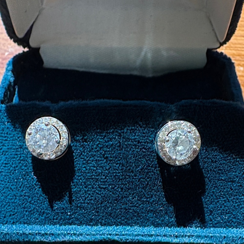Vintage, Elegant Silver Stud cubic zirconia post Earrings with case.